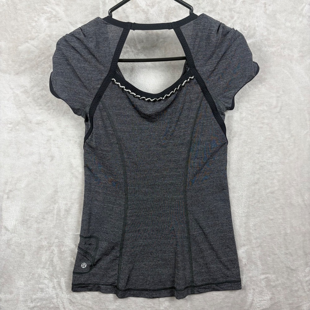 Lululemon Run Team Spirit Tech Heathered Gray Black Trim Athletic Top Women Sz 4 - Picture 4 of 9